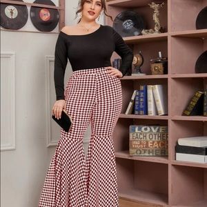 New Plus Size Houndstooth Red Flare Leg Pants
